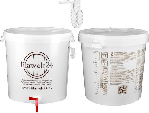 lilawelt24 1x 30l Kompletter Gärbehälter mit Winkel- GÄRRÖHRCHEN Gäreimer Eimer Fermentation Gärfass für die Vergärung von Bier, Wein TOP !!