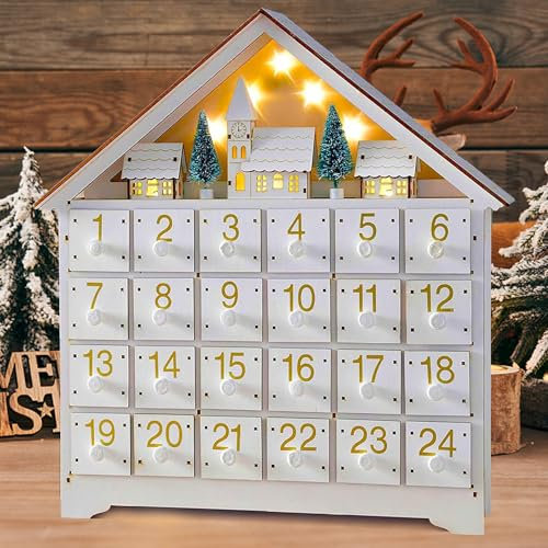 Wooden Advent Calendar with Drawers,DIY 24 Day Countdown Calendar Ornaments, Reusable Empty Advent Calendar,Wooden Light Up Advent Calendar Christmas, Gift for Kids Adults