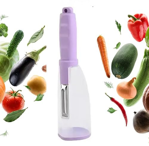 Pelador con depósito y almacenamiento de pieles y cáscaras para frutas y verduras cuchilla afilada de acero inoxidable ergonómico pelador de patatas pelador de verduras pelador de frutas (morado)
