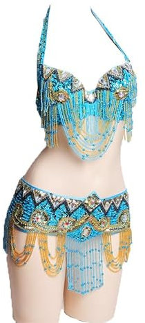 PONNYC Pailletten Bauchtänzer Kostüme Für Frauen Perlen Bauchetanz BH Und Gürtel Bauch Tanz Leistung Set Mit Strasssteinen Quastenkarneval Halloween Outfit,Blau,L