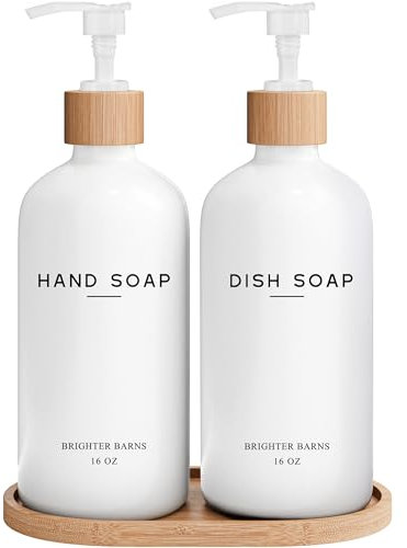 White Glass Hand and Dish Soap Dispenser Set by Brighter Barns - Kitchen Soap Dispenser Set with Tray - Glass Bottles for Kitchen Sink - Housewarming Gift, Countertop Decor, Boho Home Decor (White)