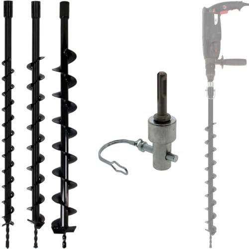 Set di punte da terra Ø 40, 60 e 80 mm, con adattatore per trapano e martello perforatore SDS-plus