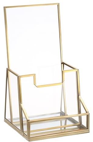 SUMTree Soporte de metal dorado para folletos con soporte para tarjetas de visita, exhibición de literatura para encimera, almacenamiento de folletos, 11 x 11 x 20 cm