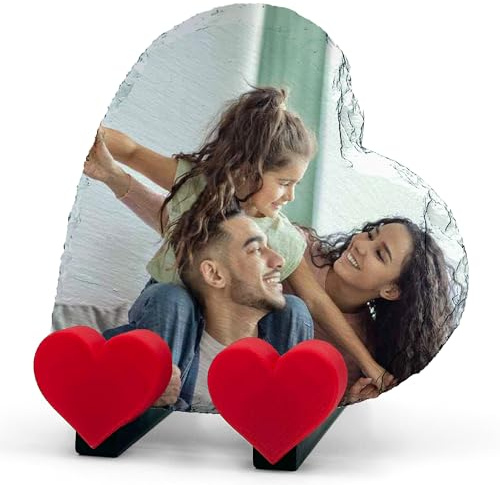 AMAZING Personalisierte Benutzerdefiniert Herz Plakette mit Eigenem Foto und Text mit Herzständer - Horizontal - Größe 10x10 cm