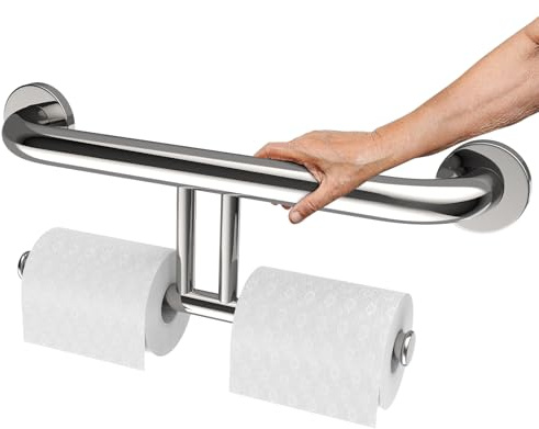 Polished Chrome Grab Bar for Bathroom 17 Inch, Zepolu Stainless Steel 2-in-1 Safety Handrail w/Double Toilet Paper Holder, Wall Mounted Balanced Support Bar Assist Handle for Senior Elderly Handicap