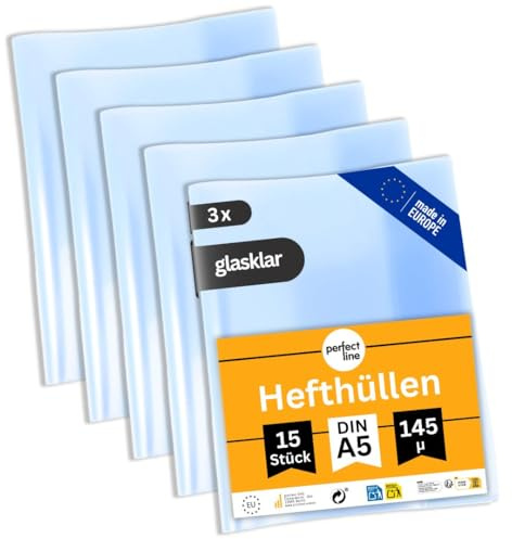 perfect line 45 Hefthüllen DIN-A5, Glas-Klar & Extra-Stark, Heftumschlag transparent, Heftschoner aus recyclebarem PP, dokumentenecht, 3 Sets á 15 Stk.