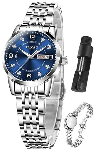 Taxau Armbanduhr Damen Edelstahl, Kleine Damenuhr mit Arabischen Ziffern, Quarzuhr Damen mit Datum, Easy Read Zifferblatt, 3 Bar Wasserdicht, Elegante Uhr für Frauen