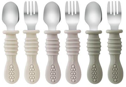 PandaEar Set med 6 småbarnsbestick, gaffel, sked i silikon och rostfritt stål för baby, barn, BPA-fri, valnöt, linne och brun