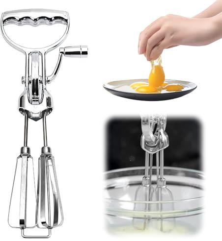 Schneeschläger Drehbarer Schaumschläger - 31cm - Doppelkopf Handmixer mit Kurbel, Handrührgerät aus Edelstahl, Handmixer Manuell Ohne Strom, Halbautomatischer Schneebesen für Sahne und Eischnee