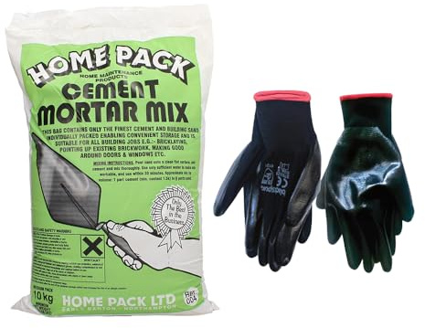 Concept4u Cement Morter Mix 10kg with Large Nitrile Coated Gloves General Purpose Mortar Mix for Interior and Exterior Repair Jobs Ideal for Bricklaying, Pointing, Repairing, Rendering