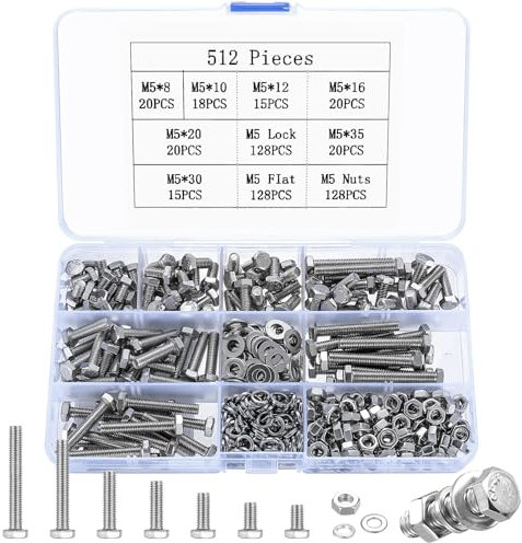 512 Pcs M5 Bolts and Set, M5 Flat Hex Bolts Sets, Metric Assorted Nuts and Screws Assortment, Bike Hexagon Machine Screws and Nuts and Flat Washers & Lock Washers