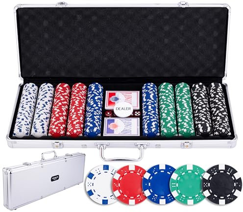 Engelhart - 320915 – Poker-Set – Koffer aus versilbertem Metall – 500 Chips 11,5 g ohne Nummer + 2 Kartenspiele, 1 Croupier-Knopf, 5 Würfel