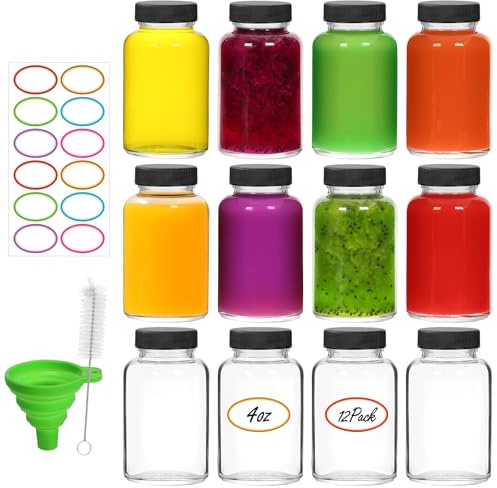 EkkoVla 12 Pack 120ml Glass Wide Mouth Shot Bottles with Black Lids | Small Clear Jars for Ginger Shots,Wellness Juice,Whiskey&Samples–Includes Funnel,Brush&Stickers,Leakproof,Dishwasher Safe