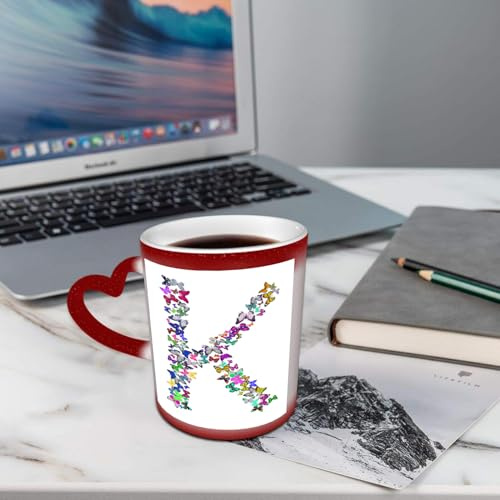 AELKSP Tasses Magique Mugs Change De Couleur en Fonction De La Température du Liquide,Mug Cadeau Original Tasse pour 330ml,Lettre K, lettres typographiques inspirées de la nature avec des ailes d'inse