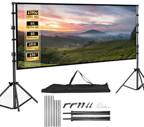 Schermo Videoproiettore 120 Pollici Pieghevole 16: 9 4K HD Schermo di Proiezione Piedi, Schermo Proiettore con Borsa di Trasporto per Cinema Casa Ufficio Viaggi