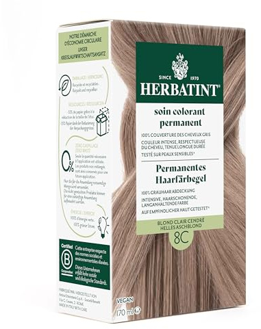 Herbatint Permanentes Haarfärbegel 8C Helles Aschblond – 170 ml I Ohne Ammoniak, optimale Grauhaarabdeckung I Auf empfindlicher Haut getestet, mit 8 Pflanzenextrakten