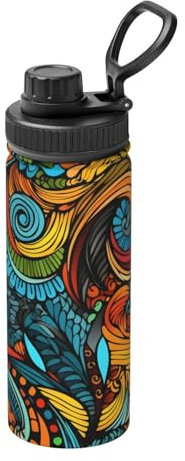 Bouteille d'eau isotherme en acier inoxydable avec motif artistique bohème avec poignée de transport pour sport, gym, voyage, sans BPA, 530 ml