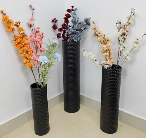 Grande Noir Vase Au Sol, 70/55/40 cm Métal Haut Vases Set de 3, Moderne Texture Nid d'abeille Grandes Vase Au Sol pour Salon Salle À Manger Chambre À Coucher Couloir