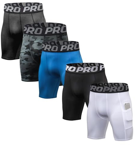 BEGIANT Lot de 3/5 Shorts Compression Sport Homme sous Vêtement de Sport à Séchage Instantané Poche Sécurisée Cuissard Velo Fitness Musculation,Noir/Bleu/Blanc/Carbone/Camouflage Noir,Taille L