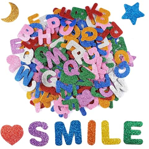 Caelura 145 Stück Glitzer Buchstaben Aufkleber für Schultüte Deko | Klebebuchstaben mit Herz, Stern und Mond für Basteln, Einschulung, Schulanfang und Scrapbooking
