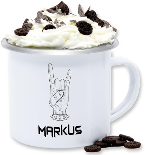 Emaille Tasse Blechtasse - & - Heavy Metal Handzeichen Pommesgabel mit Name personalisiert I Metalhead Geschenk Metal Fan I Rockiges Geschenk Rock Fan I Rocker - 300 ml - Weiß Silber - fans
