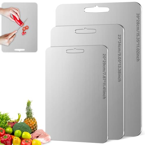 3 Pièces Planche à Découper en Titane, Planche à Découper en Acier Inoxydable planche à découper double face de qualité alimentaire Pour couper la viande, les légumes, les fruits, le pain