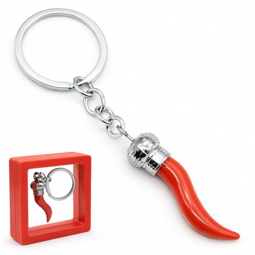 DEIMODRA Portachiavi Cornetto Rosso Portafortuna – Corno Napoletano Amuleto Anti Sfortuna in Metallo, Simbolo Buona Sorte con Confezione Regalo