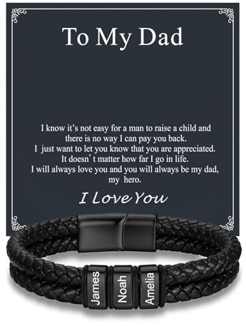 Custom4U Bracciale in Pelle Intrecciata Personalizzato per Uomini, Bracciale in Pelle Nero Uomini Personalizzato con Nomi Incisi Gioielli Regalo per Padre Per Mio Papà Compleanno Anniversario Natale