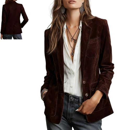 Blazer in pelle da donna vintage in finta pelle scamosciata retrò cuciture a contrasto giacca in pelle scamosciata ecologica da lavoro casual cappotti autunnali, Marrone, XS