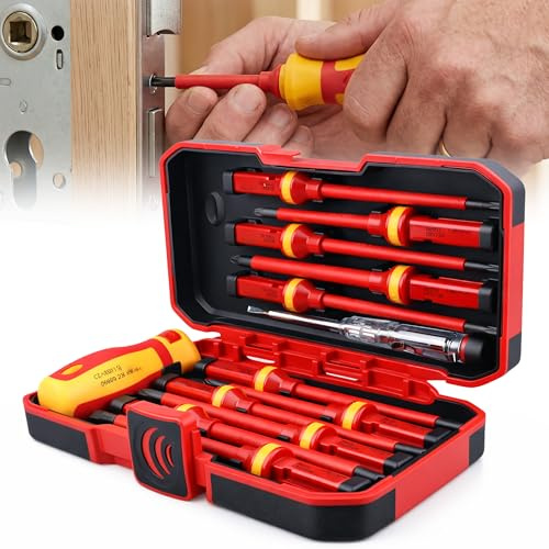 13Pcs Insulated Electrical Screwdriver Set: 1000V Changeable Screw Driver Set with Case Rubber Handle Magnetic Slotted Pozidriv Torx Phillips Bits for Electrical Home and DIY Projects