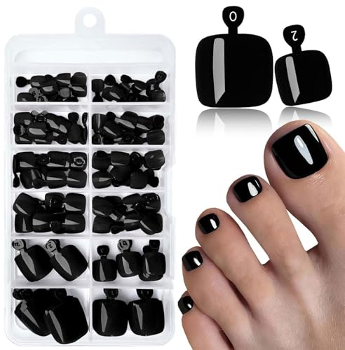 LunarCharm 120 piezas de uñas postizas negras para pies, uñas de pies adhesivas con pestañas de pegamento, uñas artificiales negras para presionar y pegar