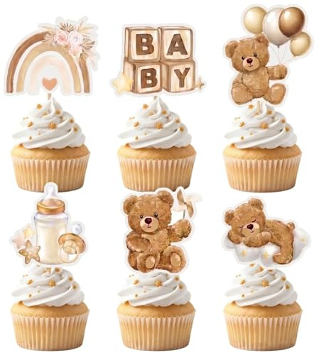 24 Stück Cupcake Topper Baby, 6 Designs mit Bär, Regenbogen Motiven für Babyparty, Geburt Cake Topper aus Karton, Muffinstecker Baby Shower Deko für Taufe, Gender Reveal, Kommunion