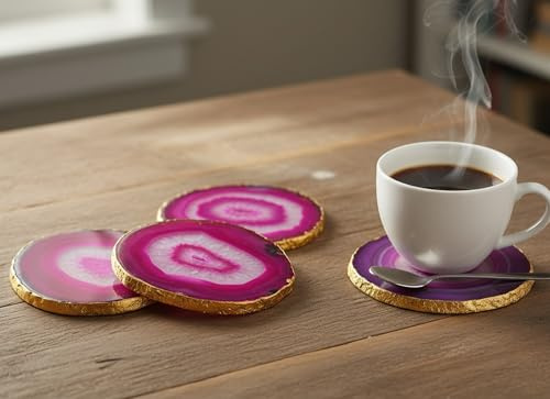 eSplanade Posavasos de ágata natural para bar, cerveza, café, té, juego de 4 posavasos, accesorios perfectos para la mesa, vajilla (azul) (rosa)