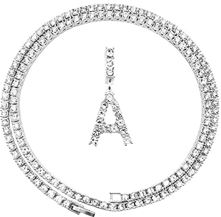 HH BLING EMPIRE Gold Silver Diamond Initial Necklaces for Women, Iced Out Initial Letter Pendants with Cz Diamond Tennis Necklace Chains, Alphabets A to Z letter necklace 18 Inch (A-Silver)