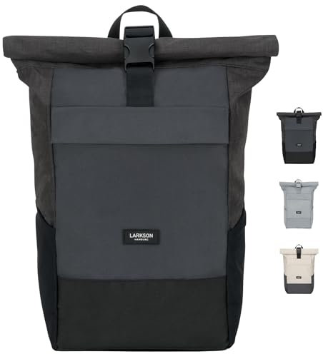 LARKSON Mochila Enrollable Hombre & Mujer Negro Gris - No 4 - Macuto para Viaje, Uni, Trabajo - de Botellas Pet Recicladas - Bolso para Portátil - Impermeable