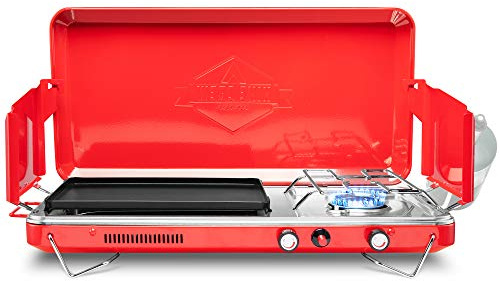 Hike Crew 2-in-1 Gas Camping Stove and Griddle, Portable Propane Burner w/Integrated Igniter & Stainless Drip Tray | Built-in Carrying Handle, Foldable Legs & Wind Panels | Includes Regulator