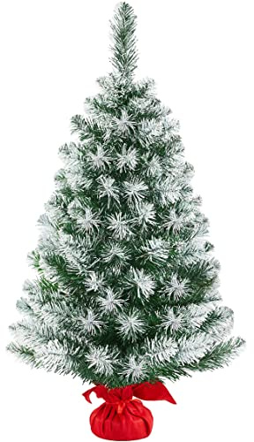 Yaheetech 3ft Frosted Tabletop Artificial Christmas Tree Portable Christmas Tree with Cement Base Xmas Holiday Decoration, Green & White