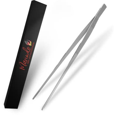 Marindo® Servierpinzette (Edelstahl 21cm) | Grillpinzette | Kochpinzette | Küchenpinzette | rostfreier Edelstahl | spülmaschinenfest | gerade Form | Fleischpinzette | Bratpinzette