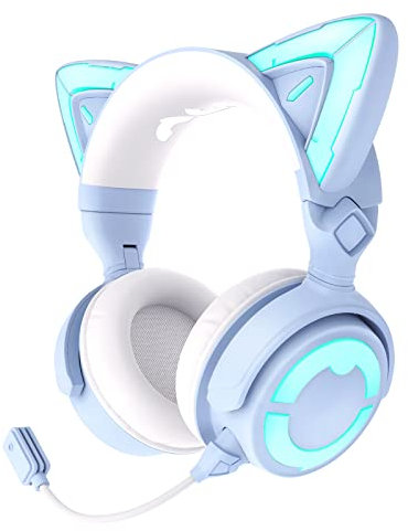 YOWU RGB-Katzenohr-Kopfhörer 4, verbessertes kabelloses und kabelgebundenes Gaming-Headset mit aufsteckbarem HD-Mikrofon, aktive Geräuschreduzierung, anpassbare Beleuchtung und Effekt über App, blau