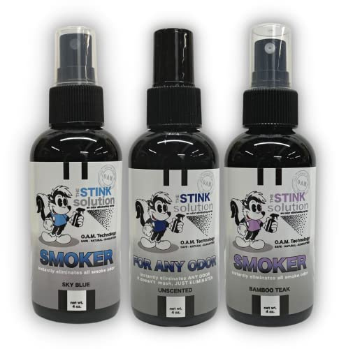 The Stink Solution Smoke Odor Eliminator Spray - Completely Remove Smoke Smell From House, Car, Clothes, Hair, & More - Best Odor Eliminator For Smoke - Bamboo Teak, Sky Blue, & Unscented 4 oz Bottles