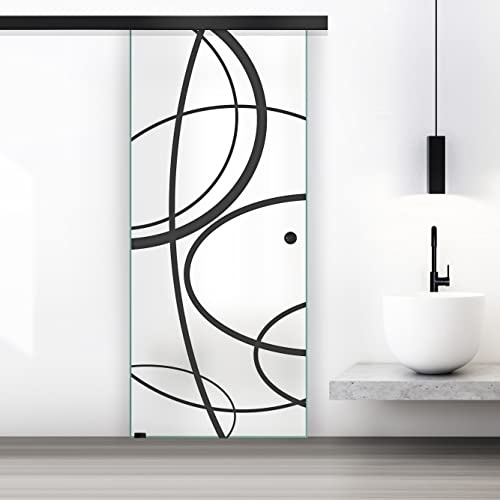 BOSS Black Porta Scorrevole in vetro modello CLOUD 80x215 cm (60/80/90 cm) 8 mm, vetro Satinato, Nano rivestito nero, kit hardware complete nero opaco (80x215 cm, SINISTRA)