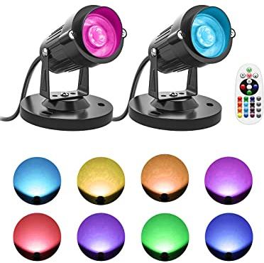 DOREIO Led Spot Lights Indoor, 5W RGBW Uplighting 16 Color Changing Up Lights Indoor with Remote, 120V Indoor Spotlight Plant Accent Lighting Decor(2 Pack with Base and Stake)