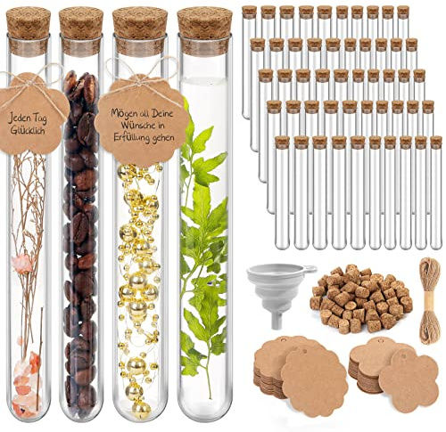 modacraft 50Stück Große Reagenzgläser mit Korken für Süßigkeiten Blumen Badesalz Gastgeschenke Hochzeit mit 25Stk. 30ml und 25Stk. 25ml Kunststoff Reagenzglas 60Stk. Anhänger 20m Juteschnur Trichter
