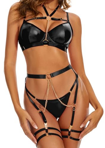 Ojostern Dessous-Sets Reizwäsche für Damen Sexy Unterwäsche für Frau Lingerie Sexy Outfit mit Strapsgürtel mit Strumpfband mit BH und Slip 6-Teilig Schwarz M