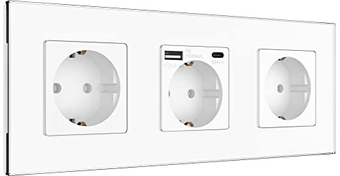 PULSAR USB-C USB-A Steckdose Unterputz Glas Weiß 3-Fach, Schnellladen | Steckdose USB-C USB-A 3-Fach Glas Weiß - Dreiersteckdose Unterputz mit 2 USB-Schnittstellen max 20W Schnellladen