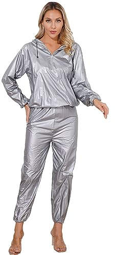 Agoky Unisex Metallic Trainingsanzug Herren Damen Loose Fit Sportanzug Jogger Jogginganzug Lack Leder Shirt und Hose Sport Kleidung Set Clubwear Silber Hooded 4XL