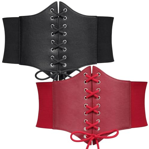 WERFORU 2 Stücke Damen Korsett Gürtel Breiter Schnürgürtel Gebundener Waspie elastische Taillengürtel Schwarz/Rot