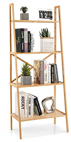 GIANTEX Scaffale a Scala In Bambù a 4 Livelli, Scaffale Multifunzionale Per Piante Con Dispositivo Antiribaltamento, Librerie Per Soggiorno, Cucina e Ufficio, Naturale, 60x35x148 cm