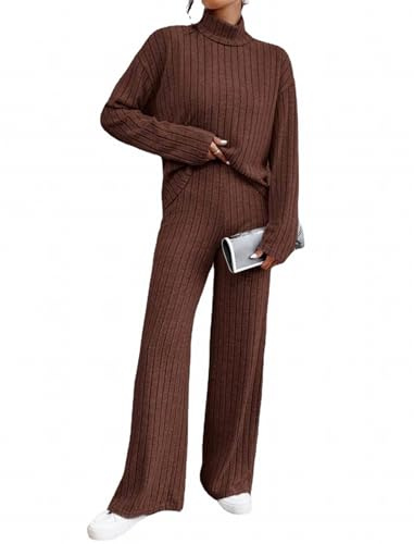MSIYOW Tuta Donna Maglia e Pantaloni Completo Elegante Set di 2 Pezzi Maglioni Calda Maniche Lunghe Autunno Invernale (XL, B Marrone)