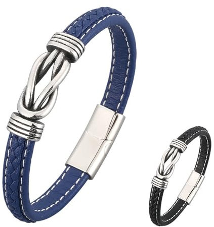 Beydodo Leder Armbänder für Männer mit Gravur, Armband Herren 8MM Knoten Charms Armbänder mit Magnetverschluss Partnerarmband Schwarz Blau 18.5CM